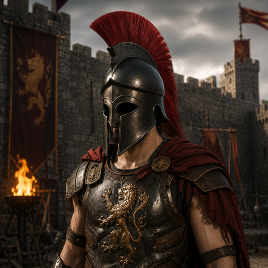 Black Corinthian Helmet : Corinthian Helmet Red Hair  With Wooden Stand