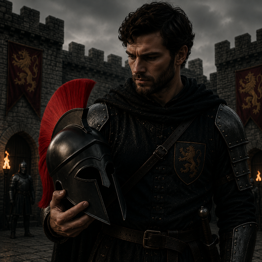 Black Corinthian Helmet : Corinthian Helmet Red Hair  With Wooden Stand