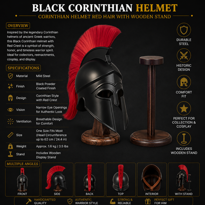 Black Corinthian Helmet : Corinthian Helmet Red Hair  With Wooden Stand