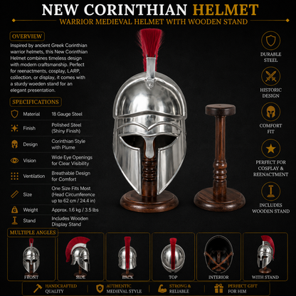 New Corinthian Helmet : Warrior Medieval Helmet with Wooden Stand