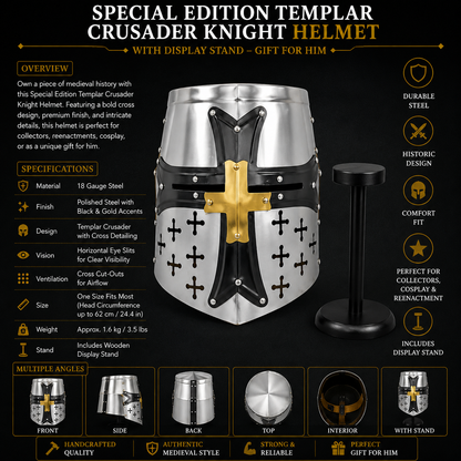 Special Edition Templar Crusader Knight Helmet with Display Stand ,Gift for Him