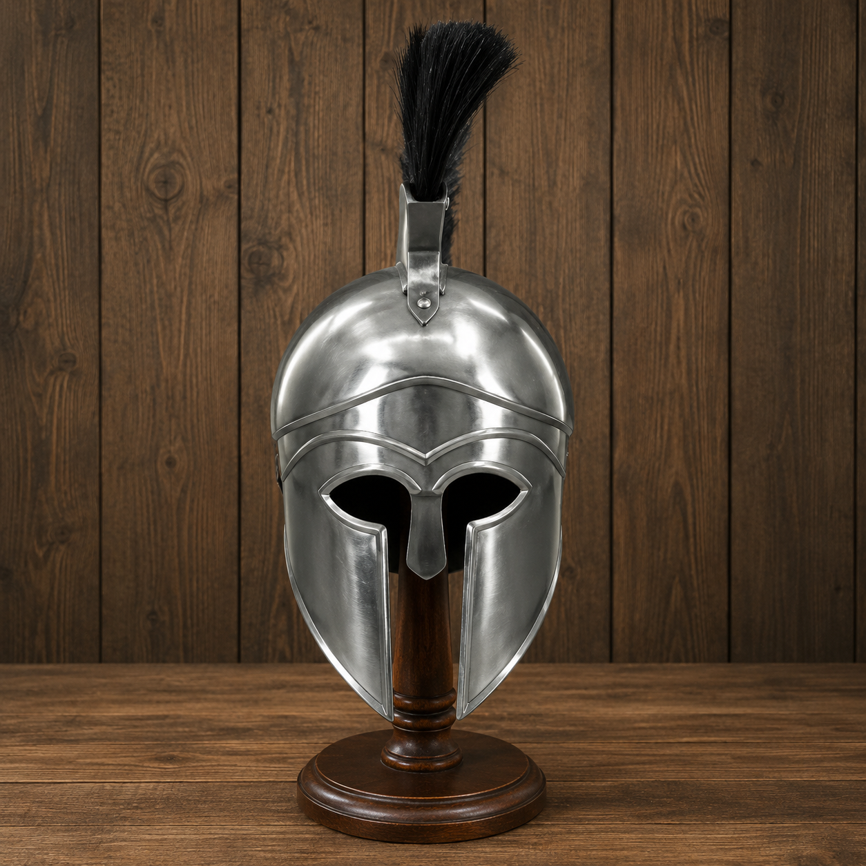 Silver Corinthian Helmet : Warrior Medieval Helmet with Wooden Stand