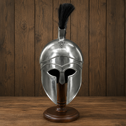 Silver Corinthian Helmet : Warrior Medieval Helmet with Wooden Stand