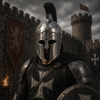 Silver Corinthian Helmet : Warrior Medieval Helmet with Wooden Stand