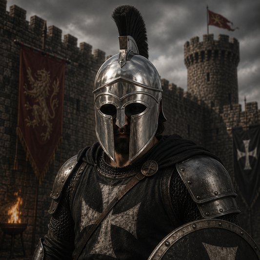 Silver Corinthian Helmet : Warrior Medieval Helmet with Wooden Stand
