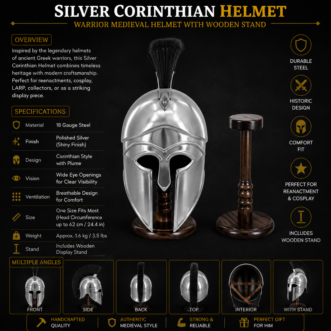 Silver Corinthian Helmet : Warrior Medieval Helmet with Wooden Stand