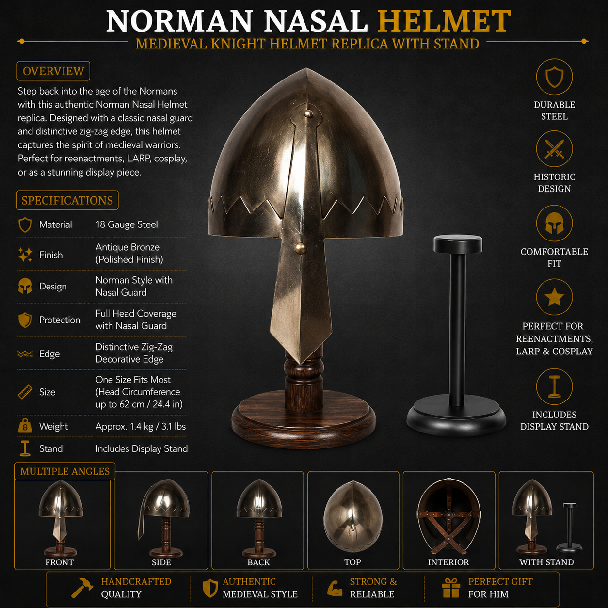 Norman Nasal Helmet: Medieval Knight helmet Replica with Stand