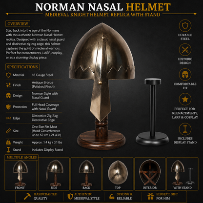Norman Nasal Helmet: Medieval Knight helmet Replica with Stand