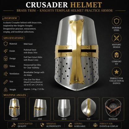 Crusader Helmet Brass Trim – Knights Templar Helmet Practice Armor for Reenactment & Cosplay