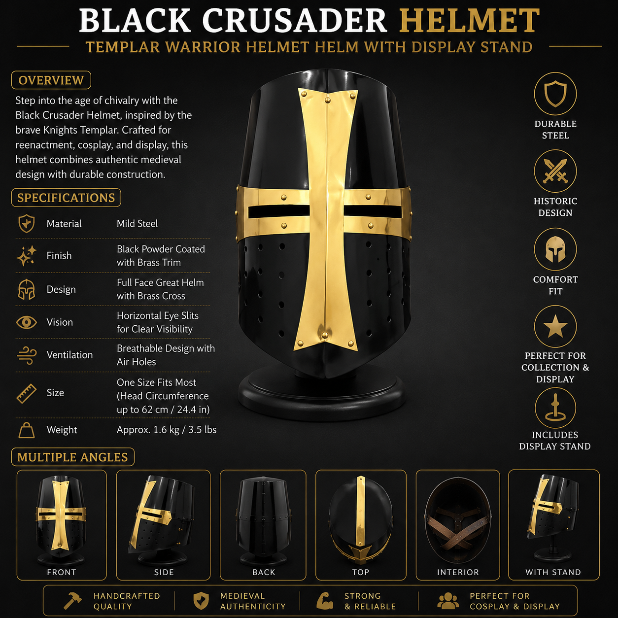 Black Crusader Helmet : Templar Warrior Helmet Helm with Display Stand