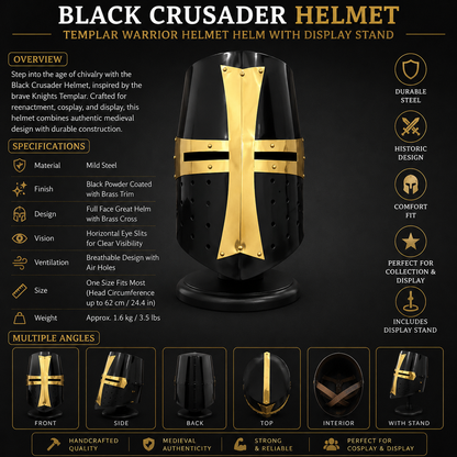 Black Crusader Helmet : Templar Warrior Helmet Helm with Display Stand