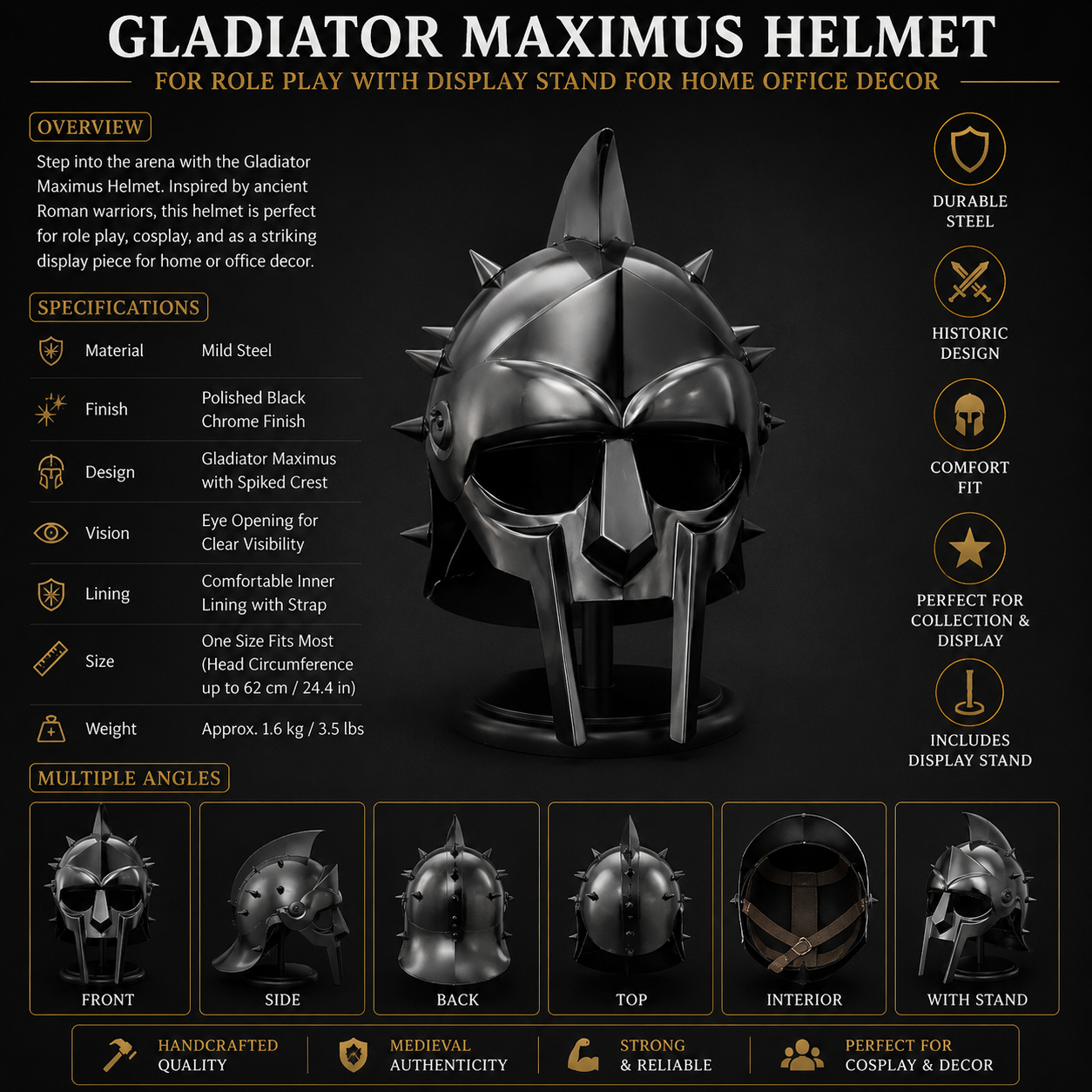 Gladiator Maximus Helmet: for Role Play with Display Stand for Home Office Decor