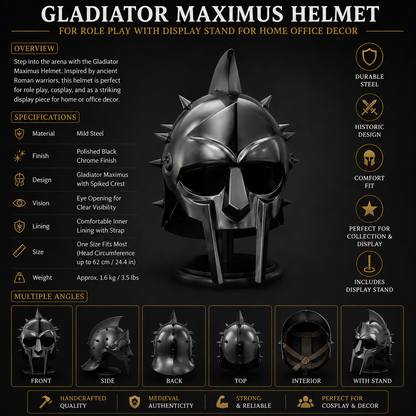Gladiator Maximus Helmet: for Role Play with Display Stand for Home Office Decor