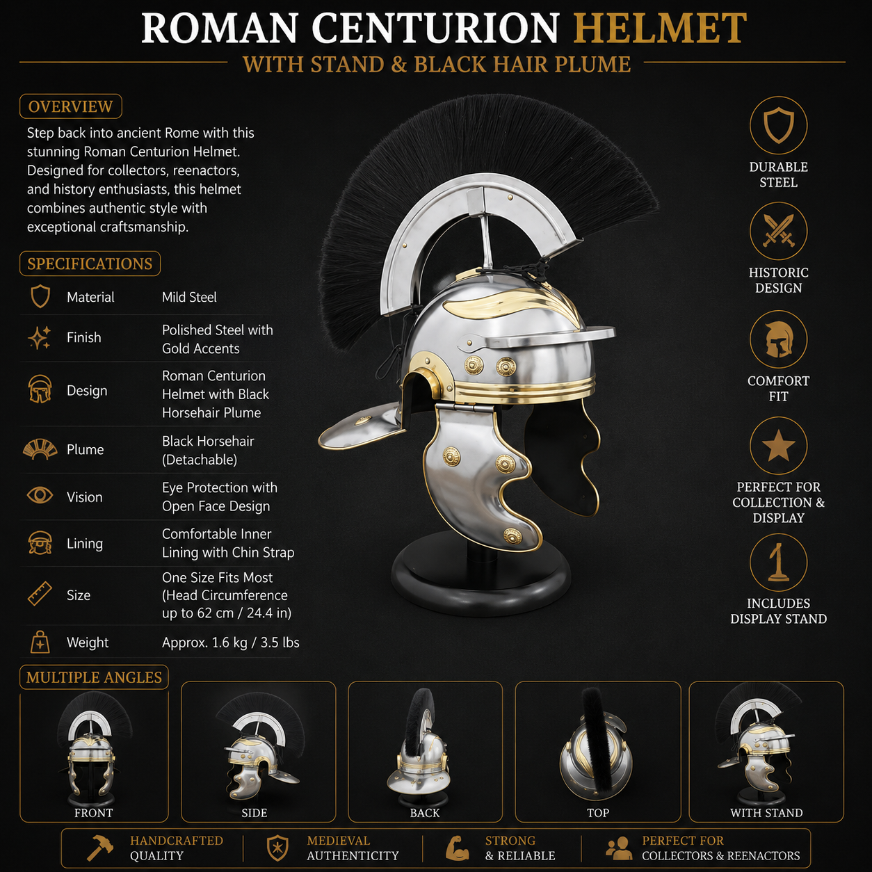 Roman Centurion Helmet with Stand, Centurion Helmet With Black Hair