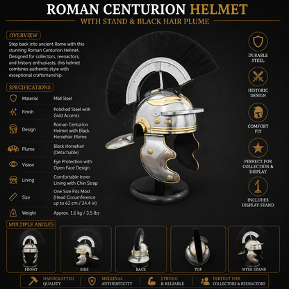 Roman Centurion Helmet with Stand, Centurion Helmet With Black Hair