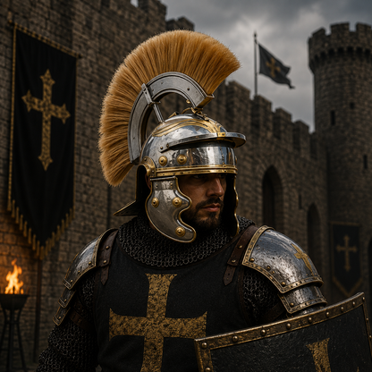 New Roman Centurion Helmet with Stand, Centurion Helmet With Brown Hair