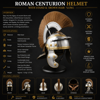 New Roman Centurion Helmet with Stand, Centurion Helmet With Brown Hair