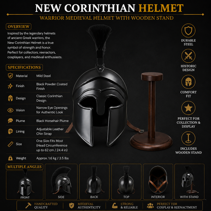 Corinthian Helmet : Warrior Medieval Helmet with Wooden Stand