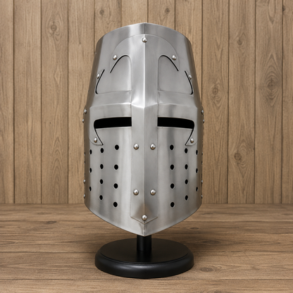 Crusader Helmet with wooden stand – Knights Templar Practice Armor for Reenactment & Cosplay