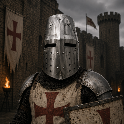 Crusader Helmet with wooden stand – Knights Templar Practice Armor for Reenactment & Cosplay