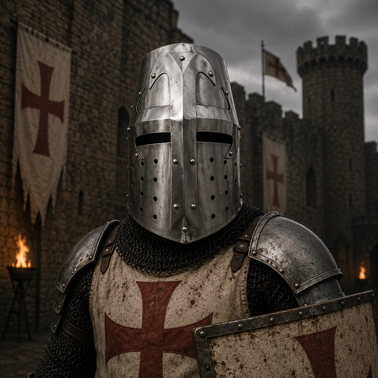 Crusader Helmet with wooden stand – Knights Templar Practice Armor for Reenactment & Cosplay