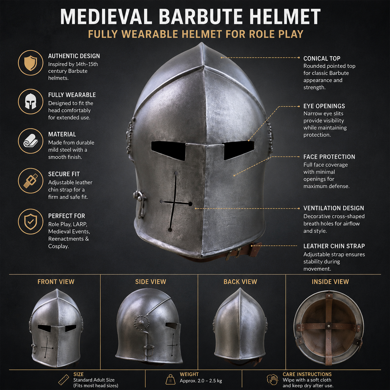 Medieval Barbute Helmet : fully wearable helmet for Role Play , Barbute Helmet