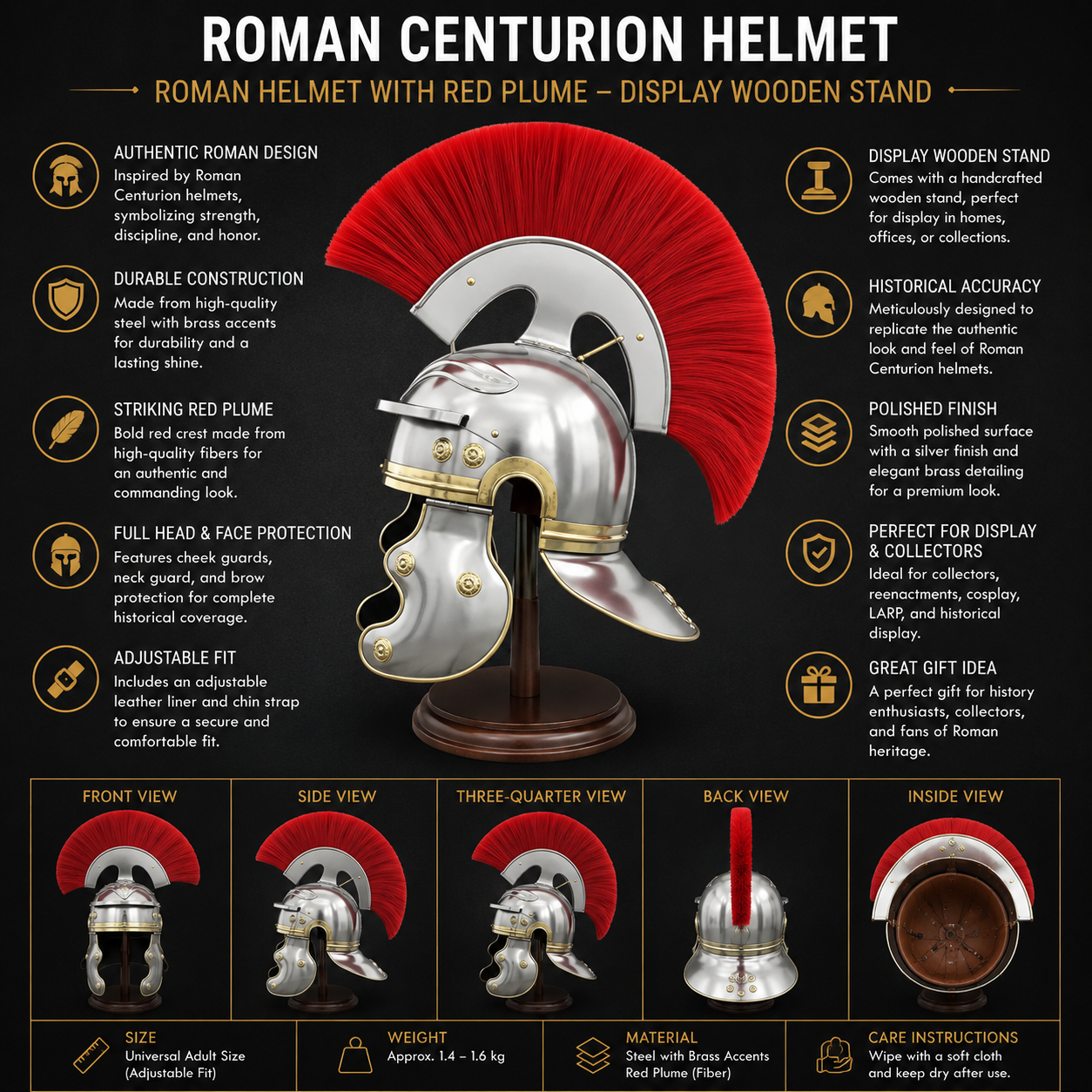 Roman Centurion Helmet : Roman Helmet with Red Plume-  Display Wooden Stand