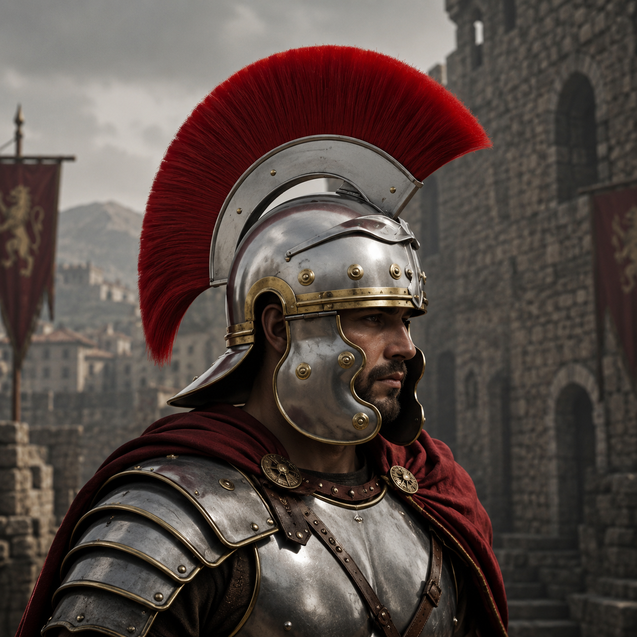 Roman Centurion Helmet : Roman Helmet with Red Plume-  Display Wooden Stand