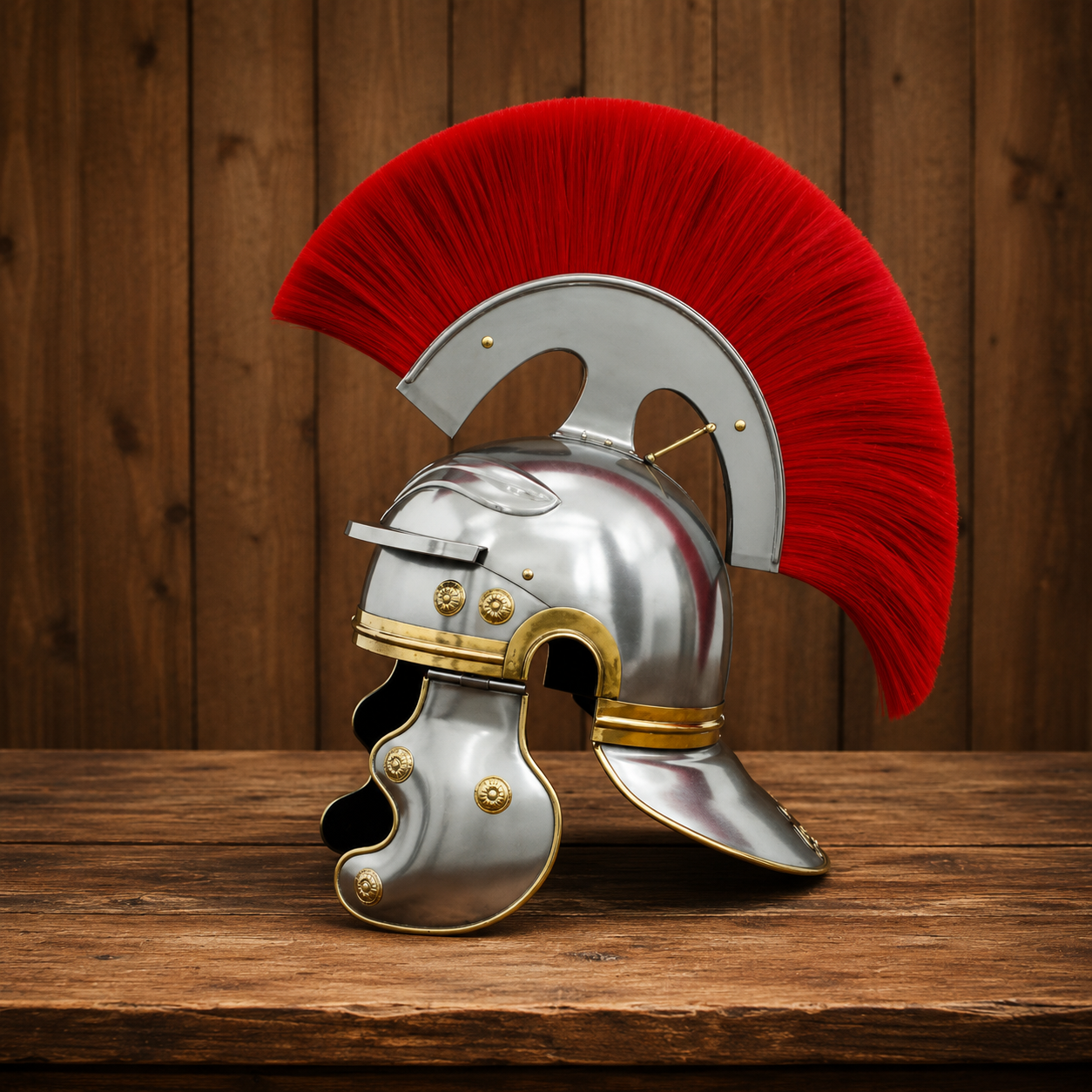 Roman Centurion Helmet : Roman Helmet with Red Plume-  Display Wooden Stand