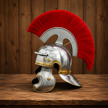 Roman Centurion Helmet : Roman Helmet with Red Plume-  Display Wooden Stand