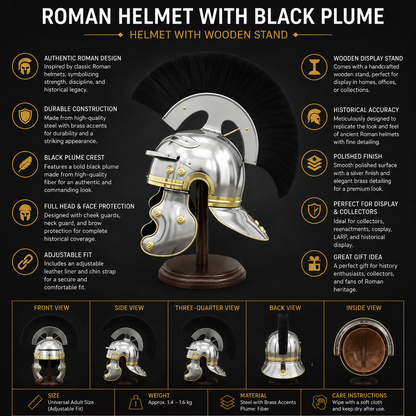 Roman Helmet With Black Plume  : Helmet with Wooden Stand