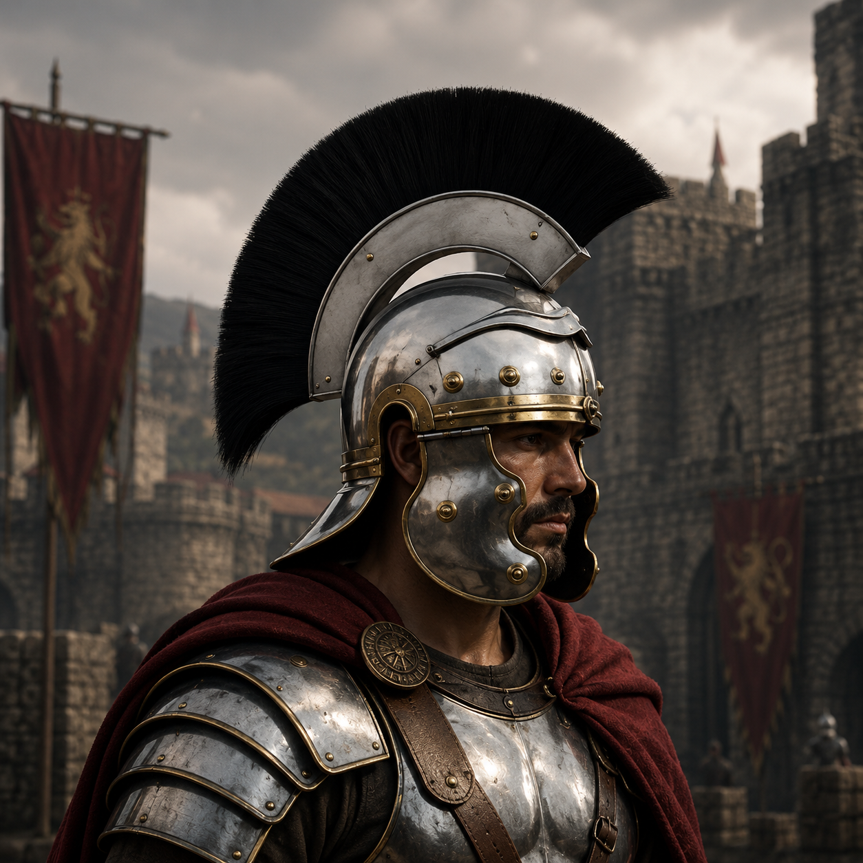 Roman Helmet With Black Plume  : Helmet with Wooden Stand