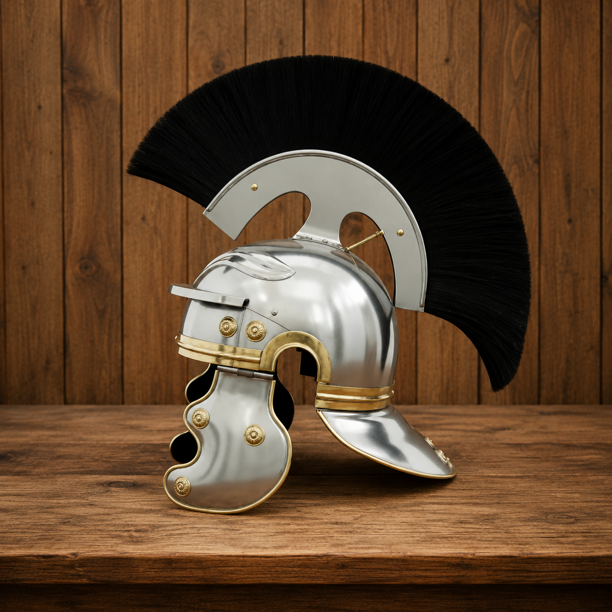 Roman Helmet With Black Plume  : Helmet with Wooden Stand