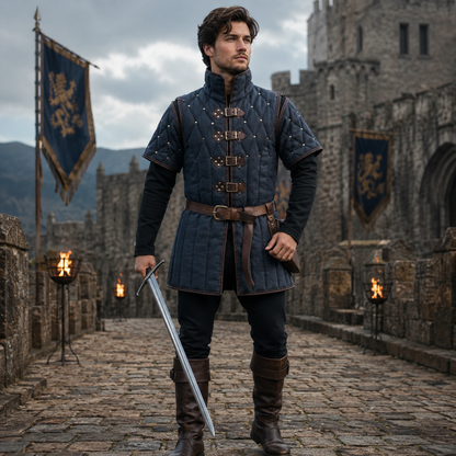 Quilted Gambeson with Brown Leather Trim: Renfaire Gabonese
