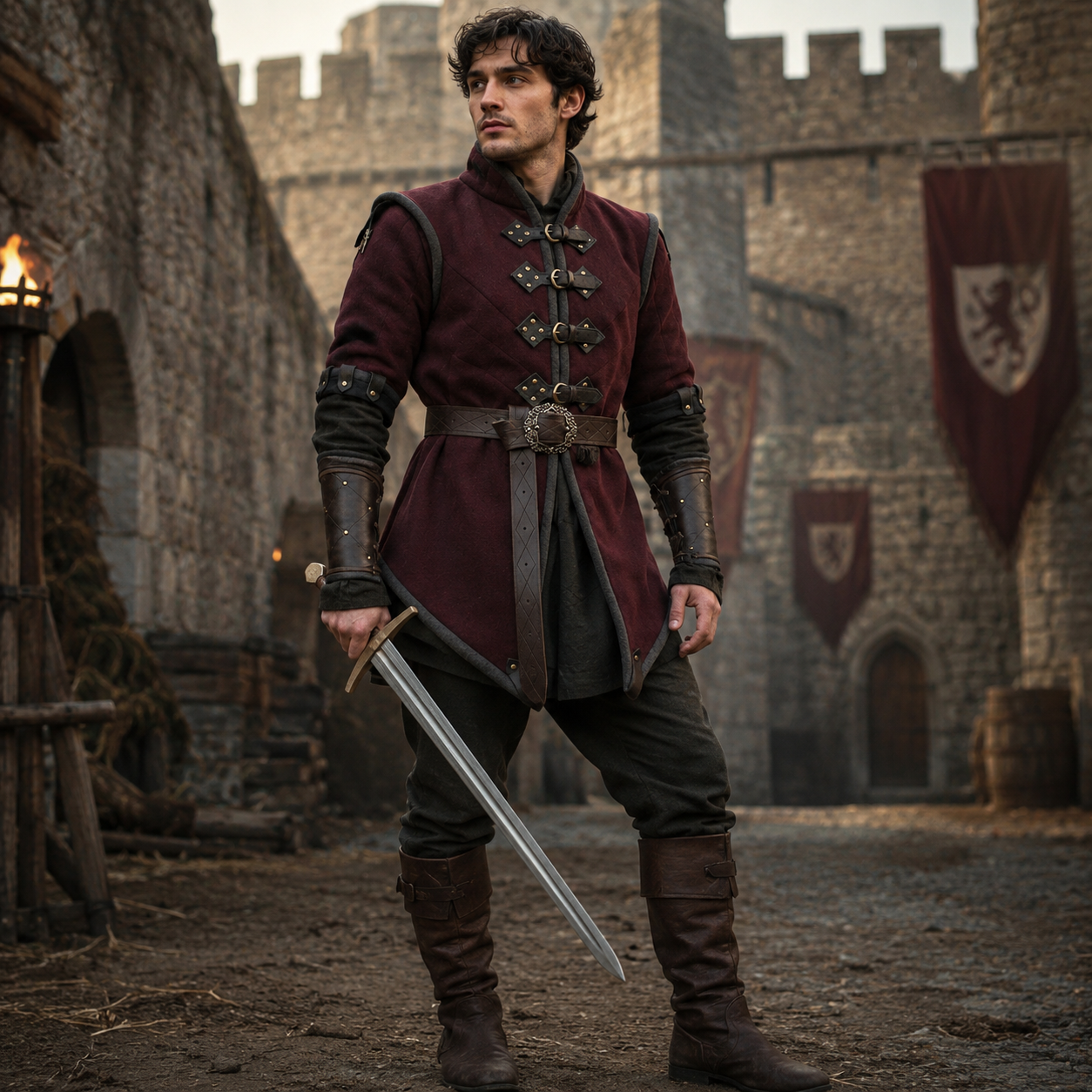 Medieval Padded Gambeson with Brown Leather Trim: Viking Costume for events