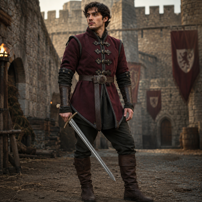 Medieval Padded Gambeson with Brown Leather Trim: Viking Costume for events