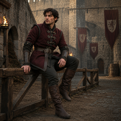Medieval Padded Gambeson with Brown Leather Trim: Viking Costume for events