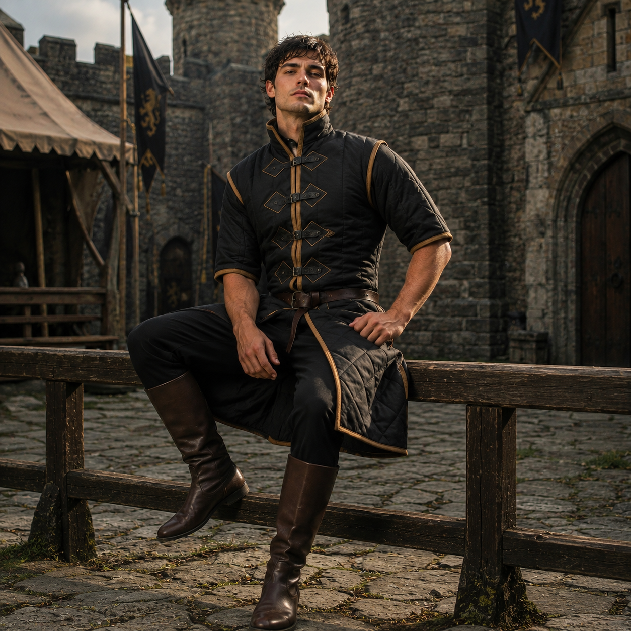 Medieval Padded Cotton Gambeson: Royal Blue with Tan Leather Trim, Renfaire Costume
