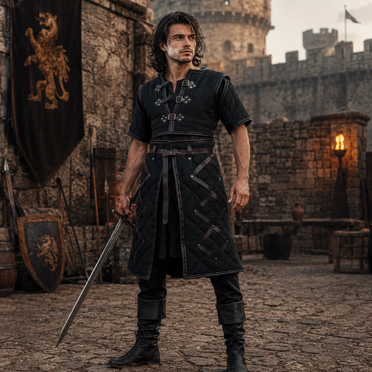 Medieval Gambeson Costume : Brown Leather Trim, Ren faire Armour for event