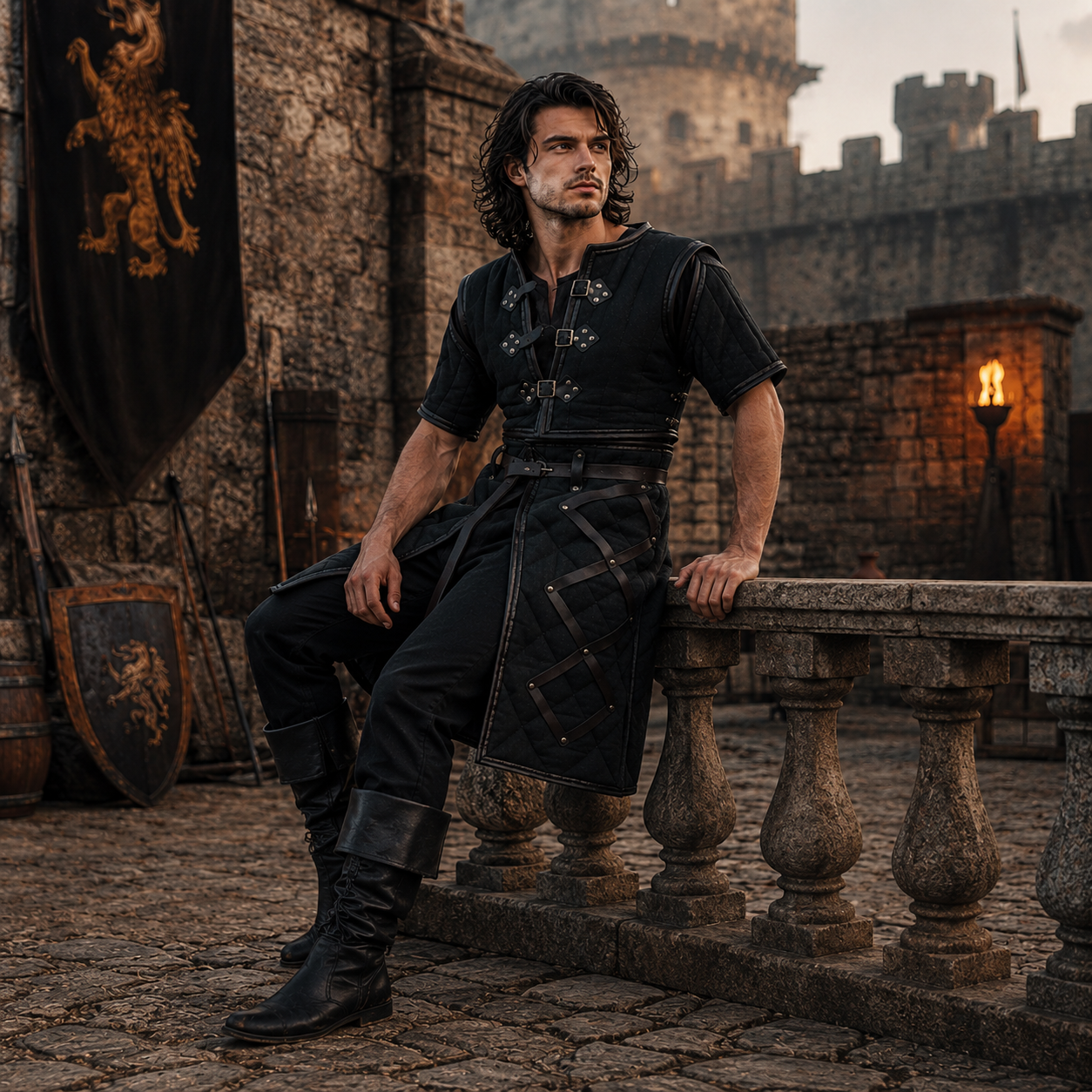 Medieval Gambeson Costume : Brown Leather Trim, Ren faire Armour for event