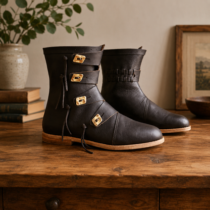 Viking Leather Ankle Boots - Medieval Renaissance Shoes, Handmade LARP Footwear