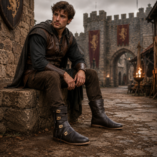 Viking Leather Ankle Boots - Medieval Renaissance Shoes, Handmade LARP Footwear