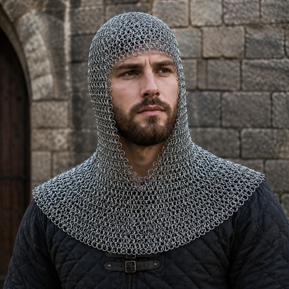 LARP Chainmail Coif – 9mm Flat Riveted Rings with Flat Washers