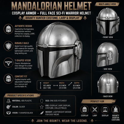 Mandalorian Helmet Cosplay Armor – Full Face Sci-Fi Warrior Helmet, Bounty Hunter Costume, LARP & Display