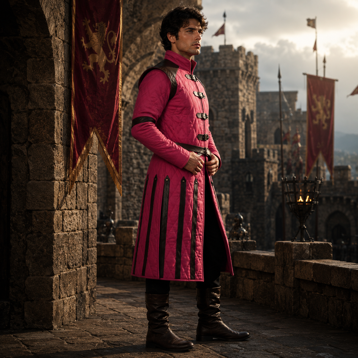Medieval Gambeson Costume With Brown Leather Trim: Renfaire Larp for Halloween Costume