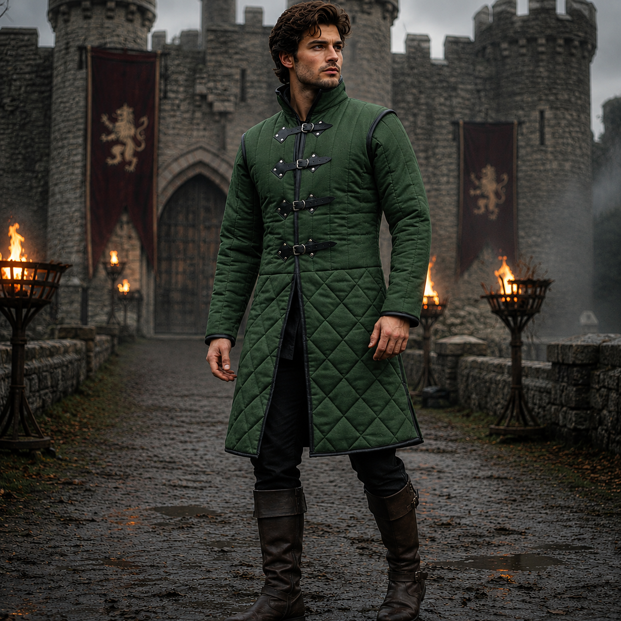 Medieval Long Gambeson with Black Leather Trim – Renfaire & LARP Halloween Costume