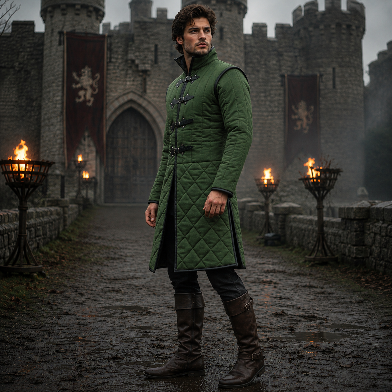 Medieval Long Gambeson with Black Leather Trim – Renfaire & LARP Halloween Costume