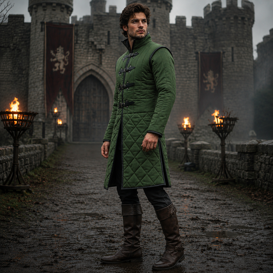 Medieval Long Gambeson with Black Leather Trim – Renfaire & LARP Halloween Costume