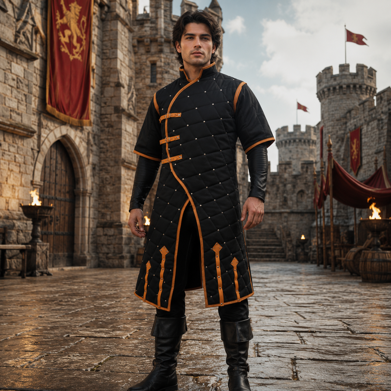 Medieval Gambeson With Brown Leather Trim: Ren faire  Costume