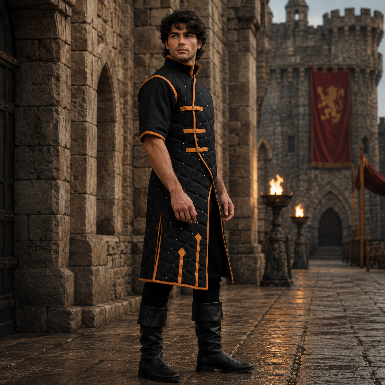 Medieval Gambeson With Brown Leather Trim: Ren faire  Costume